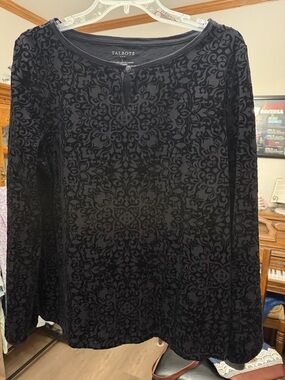 Talbots Black Velvet Burnout Damask Long Sleeve Top